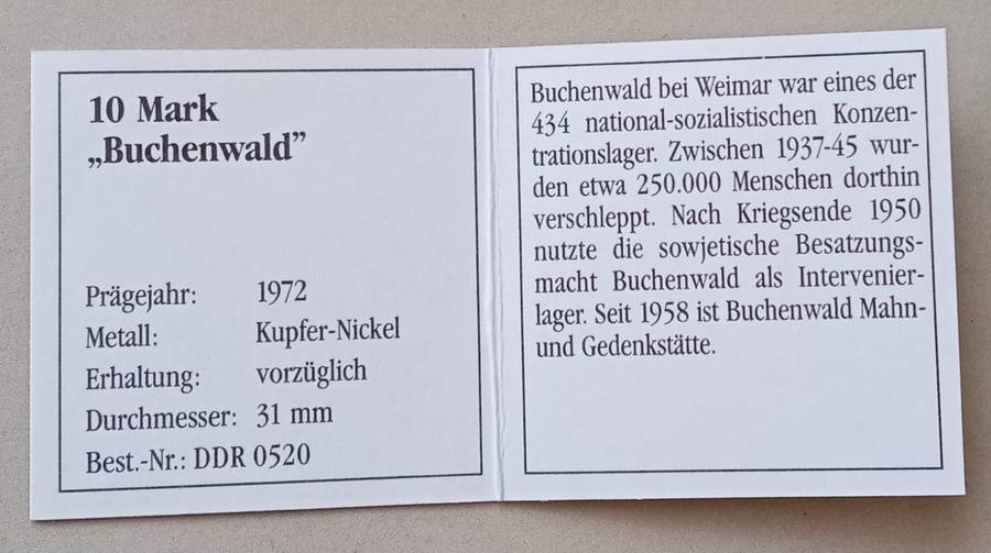 1972 German 10 Mark with certificate (Buchenwald memorial)