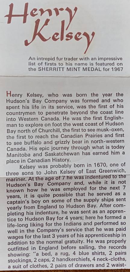 1967 Canada Henry Kelsey pure nickel Sherritt Mint medal