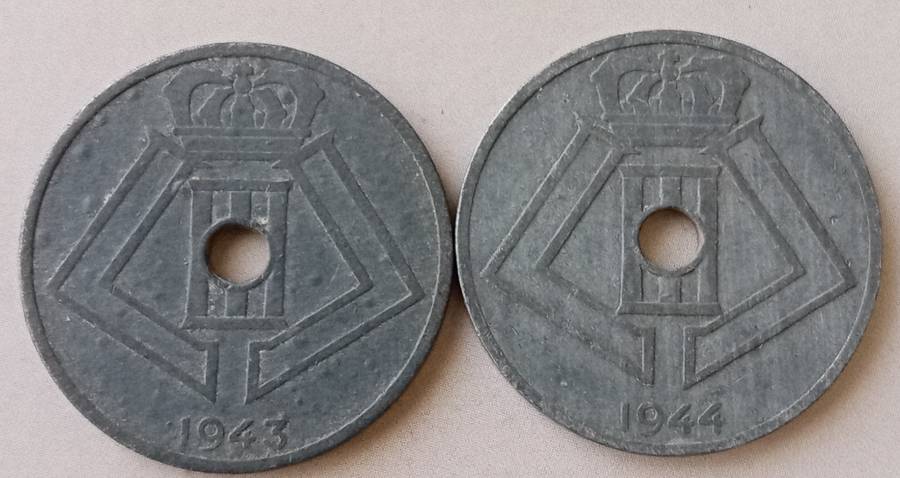 1943 and 1944 Belgium 25 Centimes