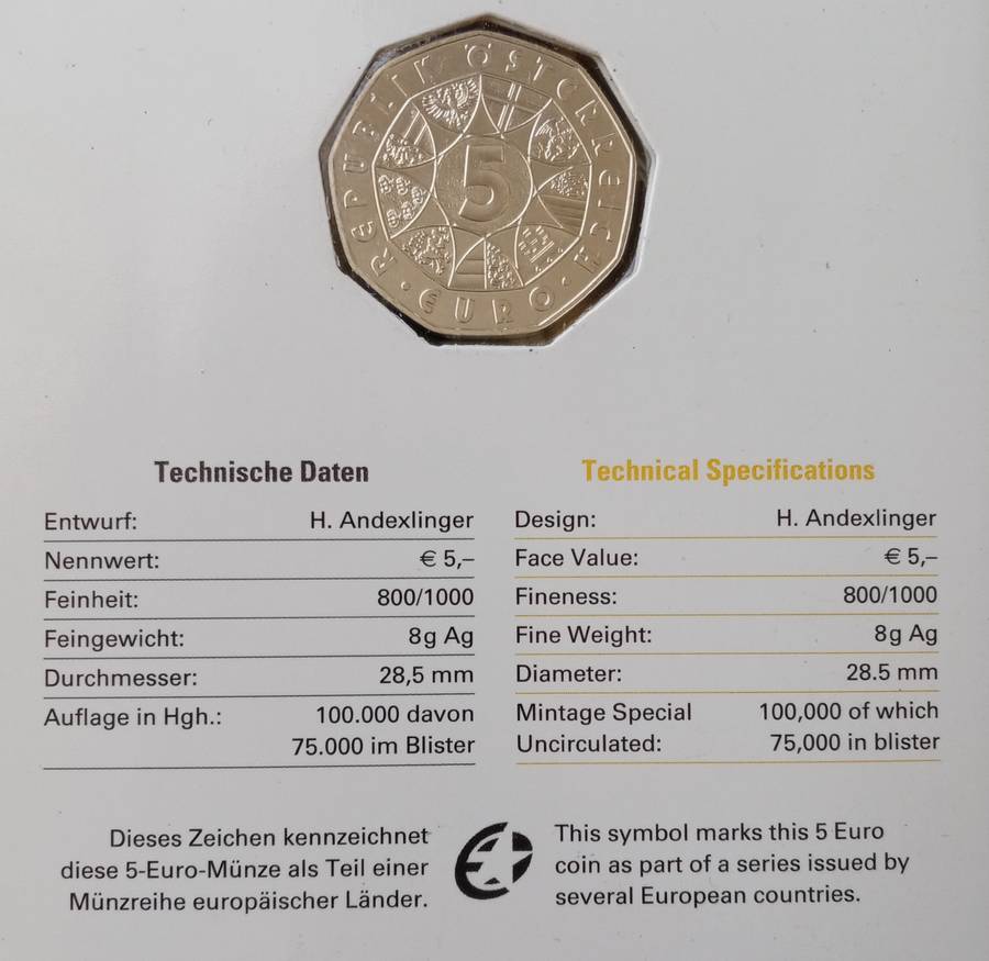 2009 Austria brilliant uncirculated silver 5 Euro in blister pack (Joseph Haydn)