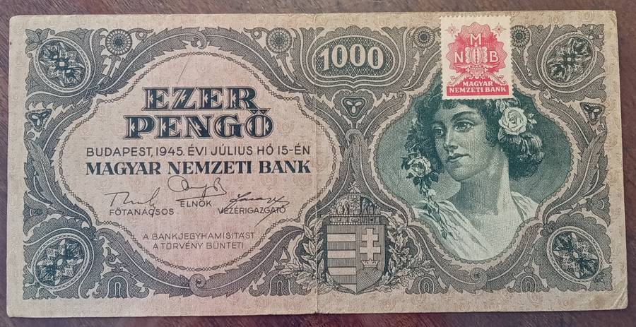 1945 WW2 Hungary 1000 Pengő note in hard plastic sleeve