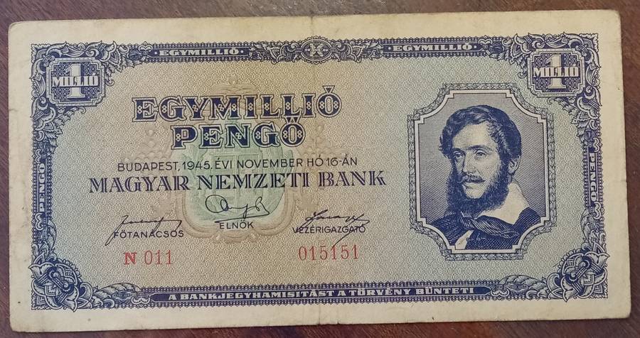 1945 Hungary 1 million Pengő note in hard plastic sleeve