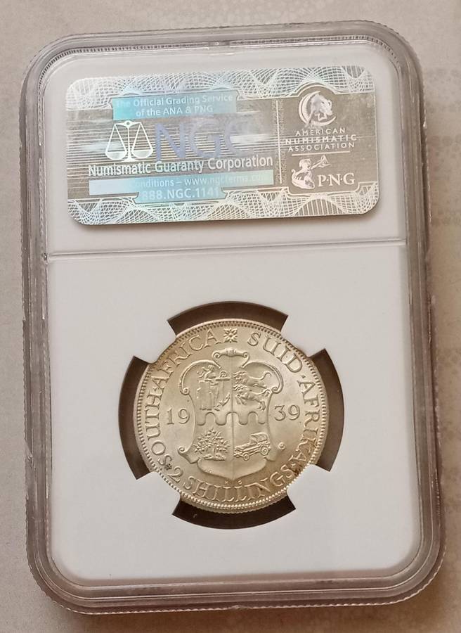 Nice 1939 union silver 2 Shillings NGC AU58 (Hills Collection)