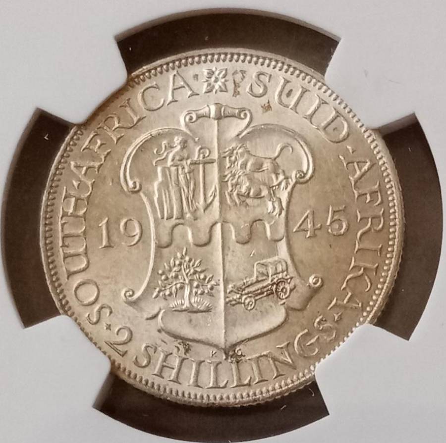 Higher grade 1945 Union silver 2 Shillings NGC AU58