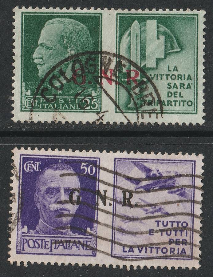 ITALY -  1943 GNR overprint on War Propaganda stamps, 25c and 50c VF USED. Scarce issue.