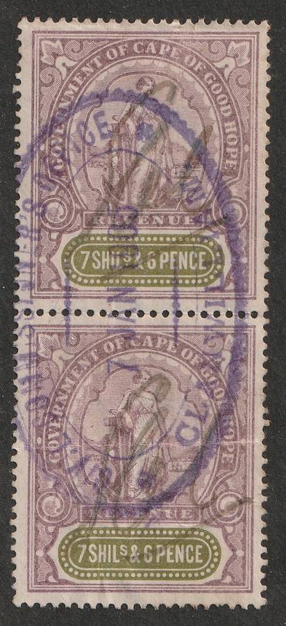 Cape of Good Hope - 1898  QV REVENUE  Standing Hope Issue  7s6d vertical pair Lilac & green BF136