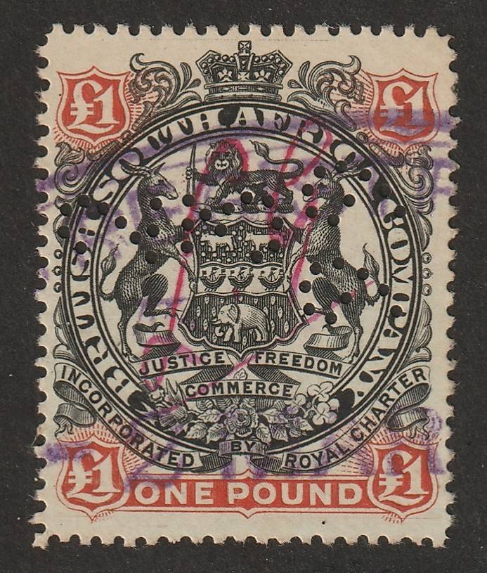 BSAC - RHODESIA Large Arms Issue  1897  1 Pound fiscally used (Date perfinned)