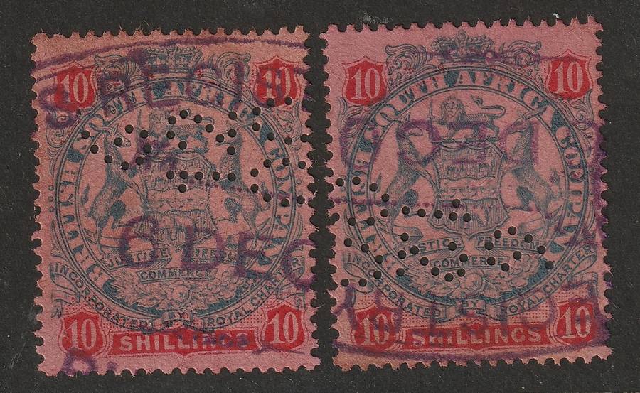 BSAC - RHODESIA Large Arms Issue  1896  DIE II  2 x 10s fiscally used (Date perfinned)