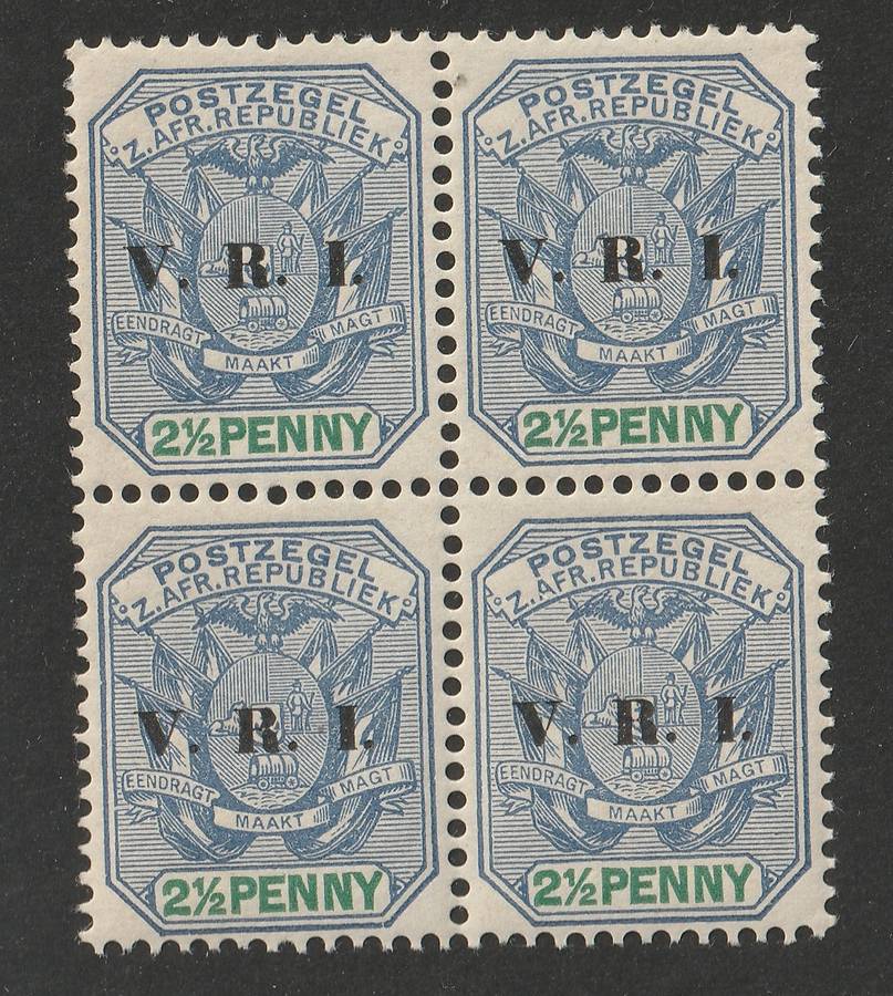 TRANSVAAL - 1900  2&1/2d dull blue and green overprinted VRI, block of four **UM**
