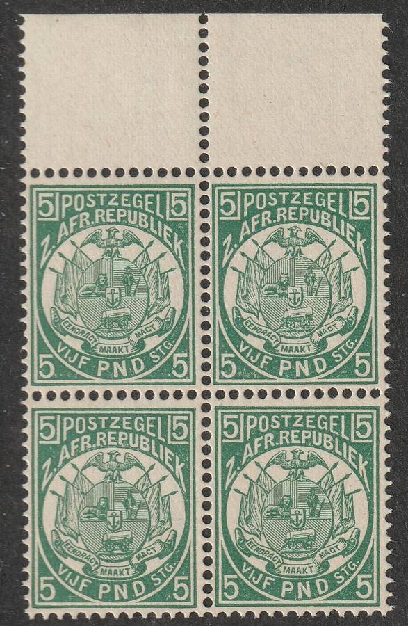 TRANSVAAL - 1885  5 Pounds green Top marginal block of four**MNH**  SACC 190 Reprint