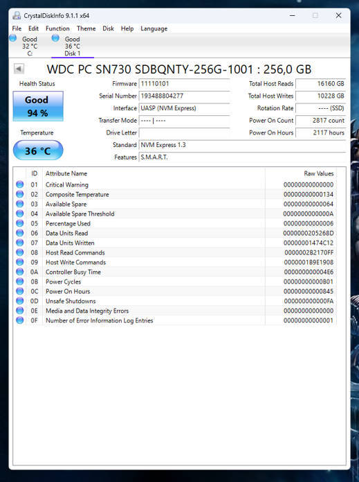 NVMe - 256GB Western Digital