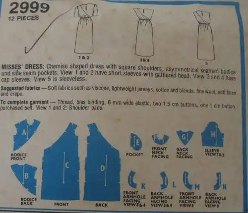 STYLE 2999 CHEMISE SHAPED DRESS + SQUARE SHOULDERS SIZE 10 BUST 83 CM COMPL COMPLETE  SEWING PATTERN