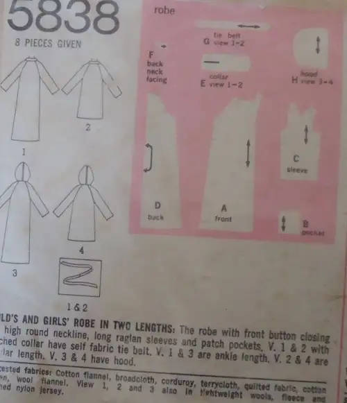 SIMPLICITY 5838 GIRLS ROBE SIZE 8 YEARS COMPLETE-ZIPLOC BAG-  SEWING PATTERN