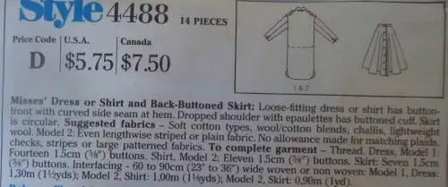 STYLE 4488 DRESS -SHIRT-BACK BUTTONED SKIRT SIZE 8 -COMPLETE-UNCUT-F/FOLDED SEWING PATTERN