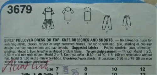 STYLE 3679 GIRL`S PULLOVER DRESS-TOP-KNEE BREECHES -SHORTS SIZE 7-8-10-12 YEARS-COMPL SEWING PATTERN