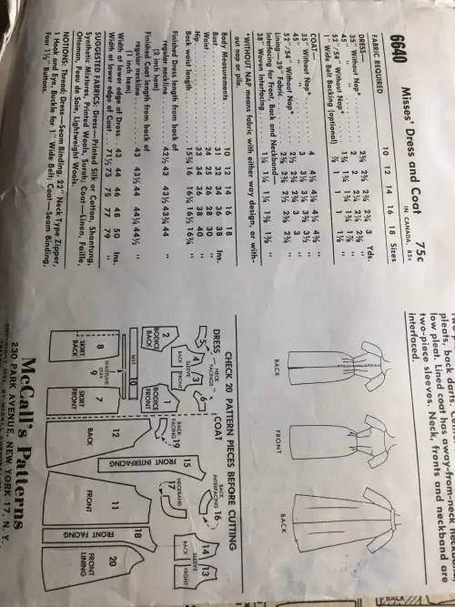 PATTERN MCCALL`S 6640*1962 (VERY VINTAGE, TIDY PATTERNS) - DRESS & COAT (SIZE 14)- SEWING PATTERN