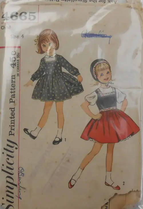 VINTAGE SIMPLICITY 4665 GIRLS ONE PIECE DRESS & BONNET SIZE 4 YEARS COMPLETE-ZIPLOC-  SEWING PATTERN