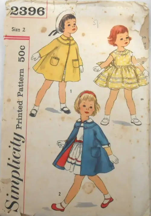 VINTAGE SIMPLICITY 2396 TODDLERS ONE PIECE DRESS & COAT SIZE 2 YEARS COMPLETE-UNCUT-  SEWING PATTERN