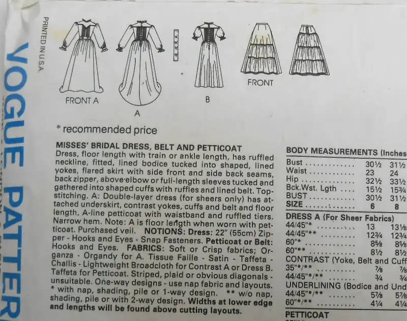 VOGUE DESIGNER ORIGINAL-1024 BELLVILLE SASSOON-BRIDAL DRESS-BELT-PETTICOAT-SIZE 10- C SEWING PATTERN