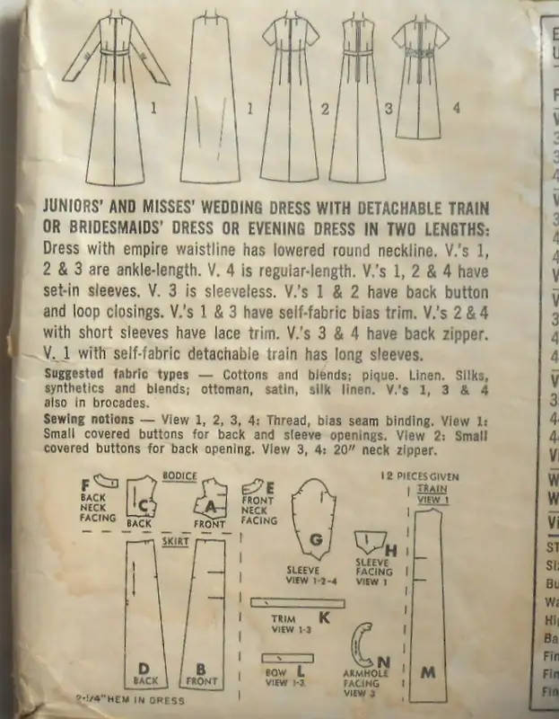 VINTAGE SIMPLICITY 6352 WEDDING DRESS WITH DETACHABLE TRAIN SIZE 14 BUST 34 -COMPLETE SEWING PATTERN