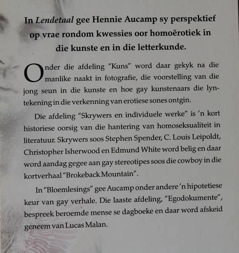 Lendetaal deur Hennie Aucamp. Homoërotiek in die kunste en in die letterkunde.