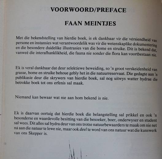 Veldgids Bome, struike en rankers van die Faan Meintjes-Natuurreservaat deur D.J.Botha/ de Villiers