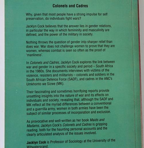 Colonels & Cadres by Jacklyn Cock. War & gender in South Africa