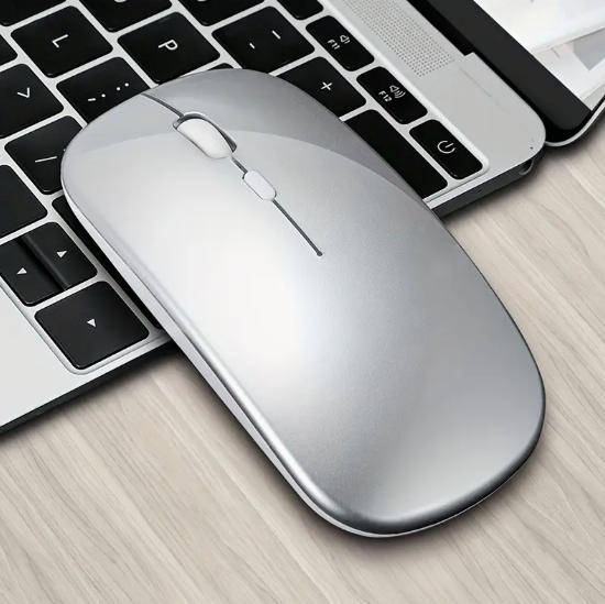 Rechargable LED Illuminated - Gloss Silver Wireless 2.4Ghz Mouse - Soft Touch with USB Receiver