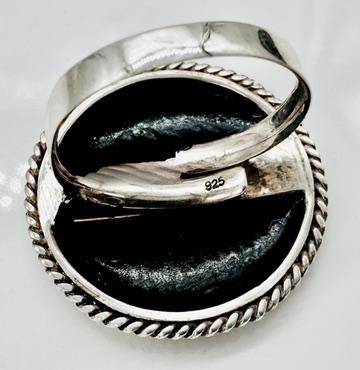 LARGE SOLID STERLING SILVER RING NATURAL ABALONE SHELL IN GLORIOUS PEACOCK COLOURS