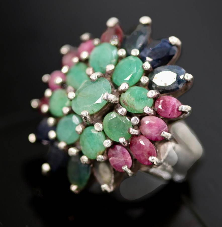 LARGE SOLID STERLING SILVER RING WITH NATURAL ORGANIC EMERALD, RUBY AND SAPPHIRE GEMSTONES