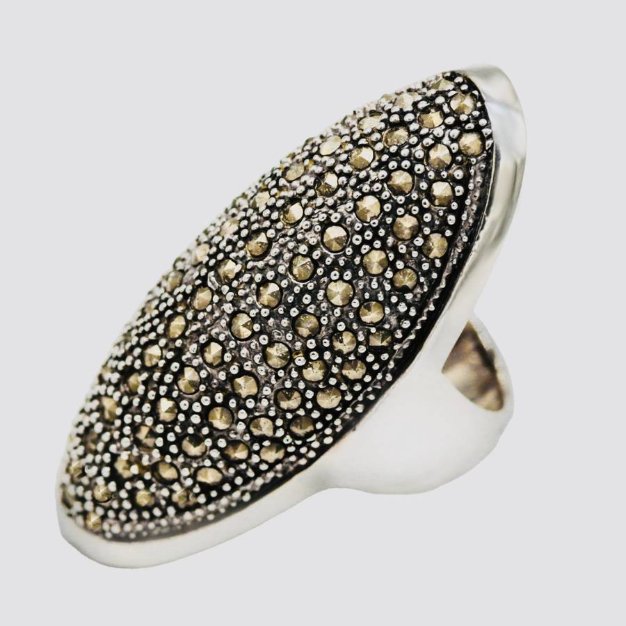 LARGE, LONG & SPLENDID SOLID STERLING SILVER NATURAL MARCASITE RING
