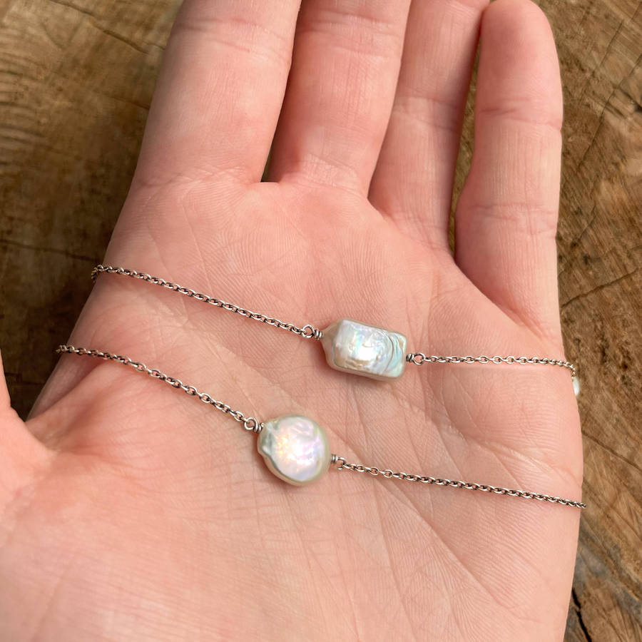 NATURAL MOTHER OF PEARL 70 cm LONG STERLING SILVER CHAIN NECKLACE