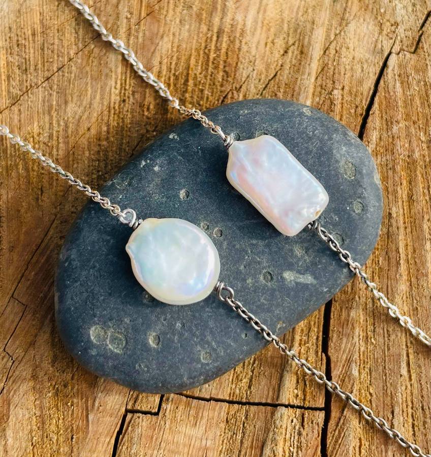NATURAL MOTHER OF PEARL 70 cm LONG STERLING SILVER CHAIN NECKLACE