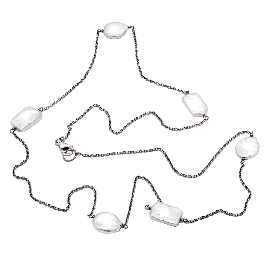 NATURAL MOTHER OF PEARL 70 cm LONG STERLING SILVER CHAIN NECKLACE
