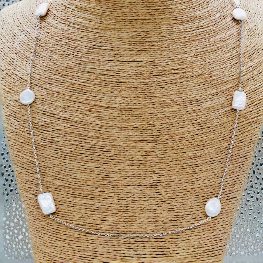 NATURAL MOTHER OF PEARL 70 cm LONG STERLING SILVER CHAIN NECKLACE