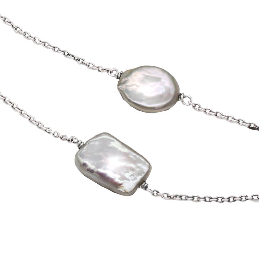 NATURAL MOTHER OF PEARL 70 cm LONG STERLING SILVER CHAIN NECKLACE