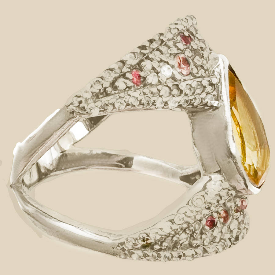 PEAR FACETED NATURAL EARTH-MINED 2,4CT CITRINE STERLING SILVER RING WITH GARNETS