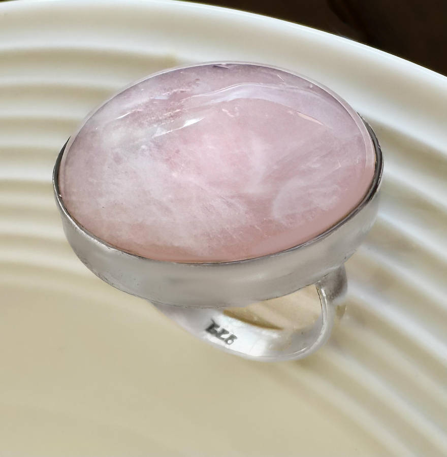LARGE ROUND NATURAL EARTH-MINED ROSE QUARTZ SOLID STERLING SILVER RING