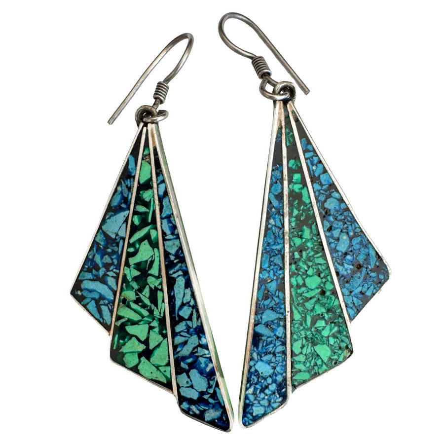 VINTAGE TURQUOISE INLAY STERLING SILVER DROP N DANGLE EARRINGS FROM MEXICO