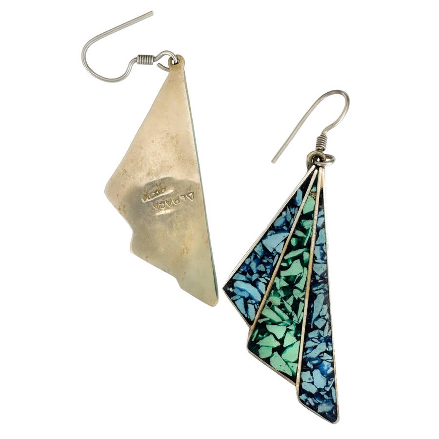 VINTAGE TURQUOISE INLAY STERLING SILVER DROP N DANGLE EARRINGS FROM MEXICO