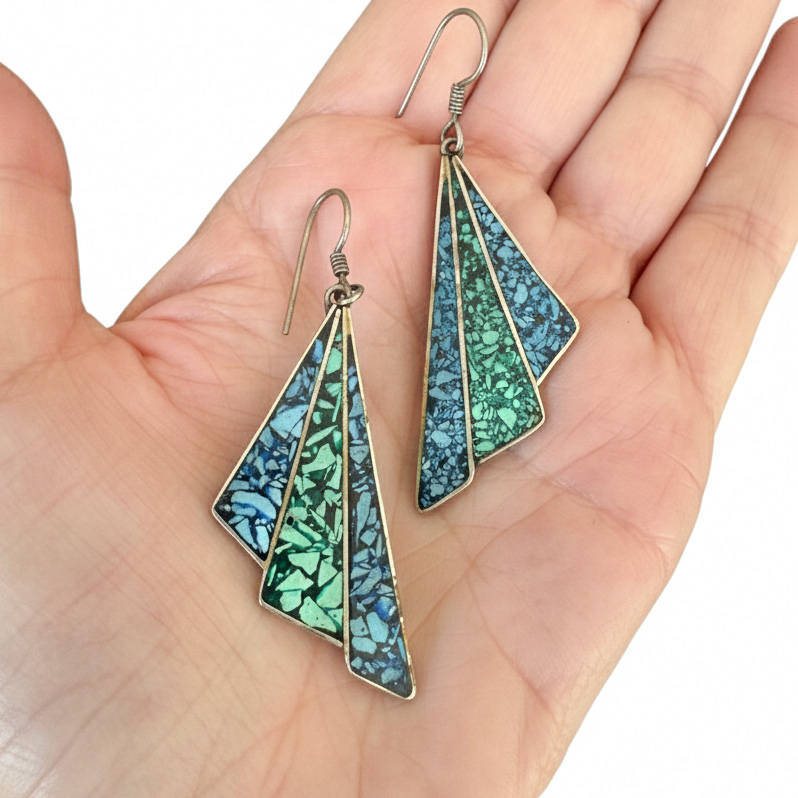 VINTAGE TURQUOISE INLAY STERLING SILVER DROP N DANGLE EARRINGS FROM MEXICO