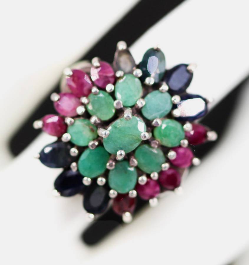LARGE SOLID STERLING SILVER RING WITH NATURAL ORGANIC EMERALD, RUBY AND SAPPHIRE GEMSTONES