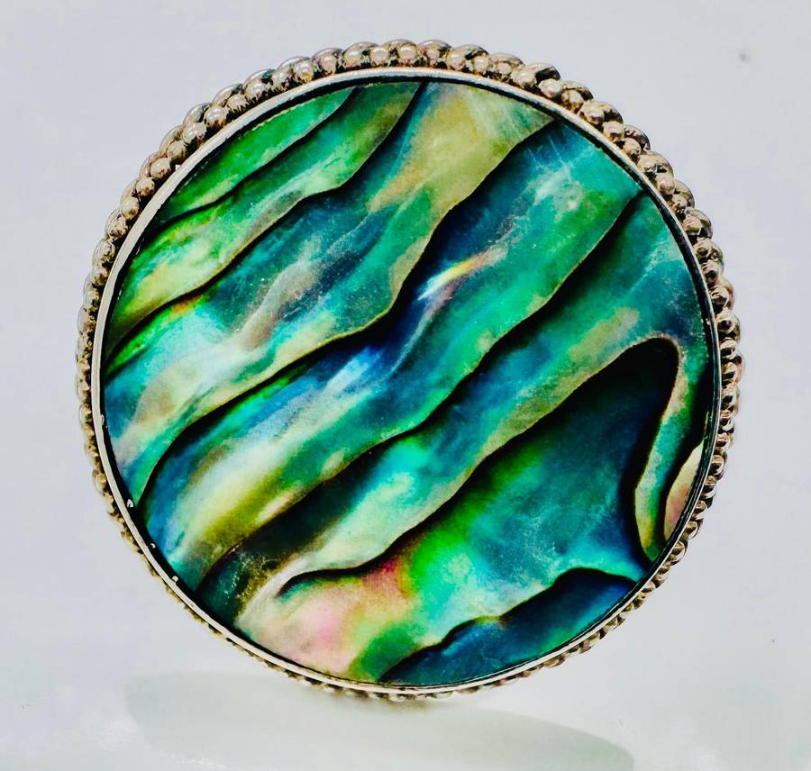 LARGE SOLID STERLING SILVER RING NATURAL ABALONE SHELL IN GLORIOUS PEACOCK COLOURS