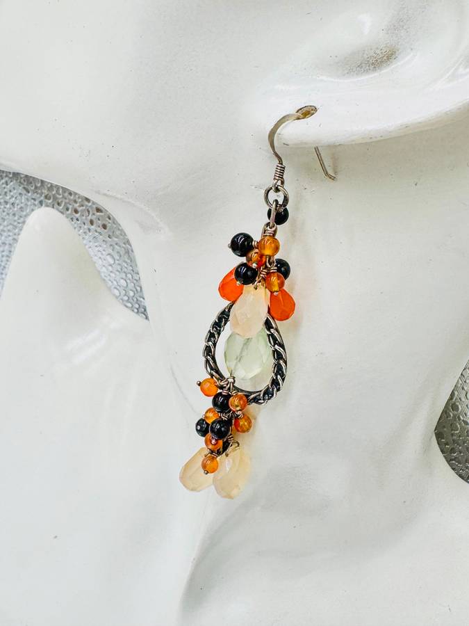 HANDCRAFTED NATURAL EARTH-MINED CARNELIAN, MOONSTONE,ONYX STERLING SILVER EARRINGS