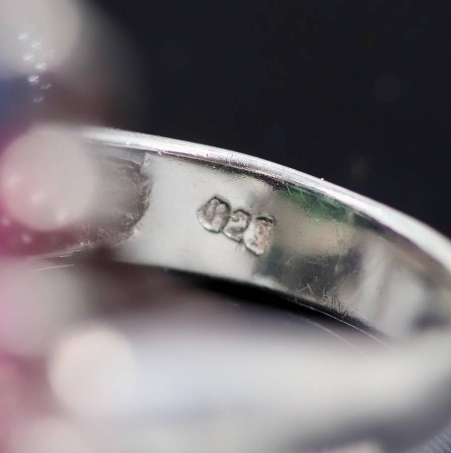 LARGE SOLID STERLING SILVER RING WITH NATURAL ORGANIC EMERALD, RUBY AND SAPPHIRE GEMSTONES