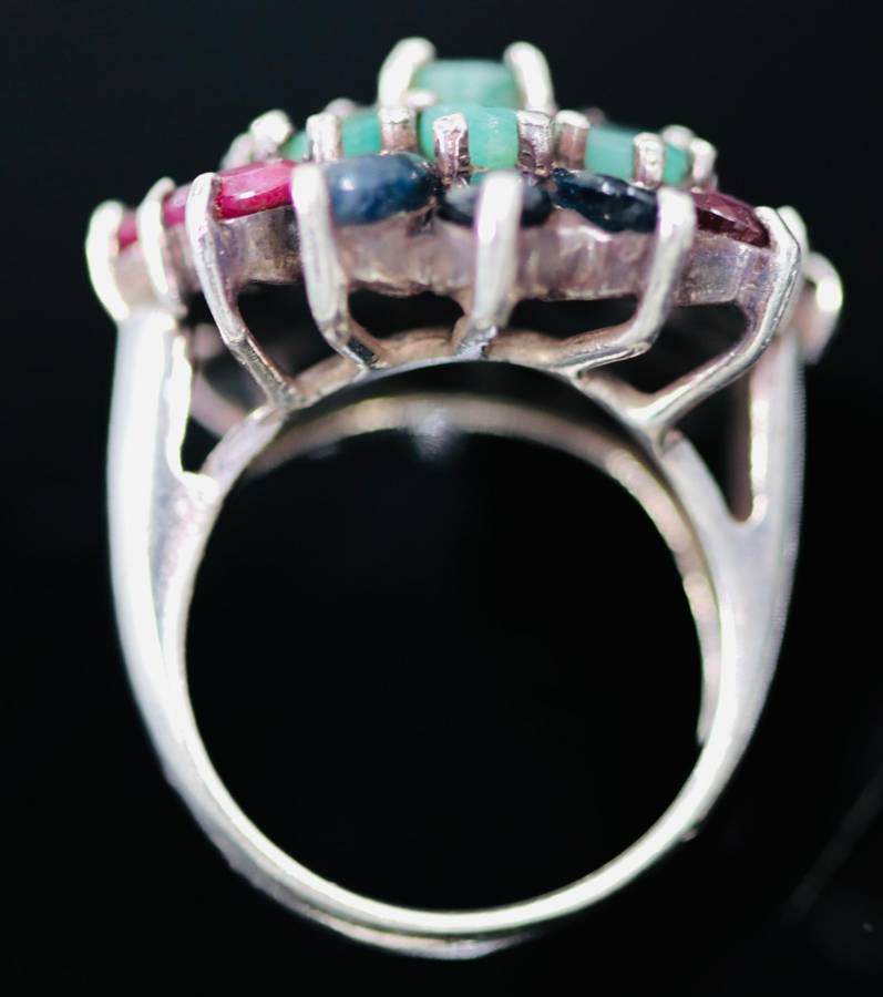 LARGE SOLID STERLING SILVER RING WITH NATURAL ORGANIC EMERALD, RUBY AND SAPPHIRE GEMSTONES