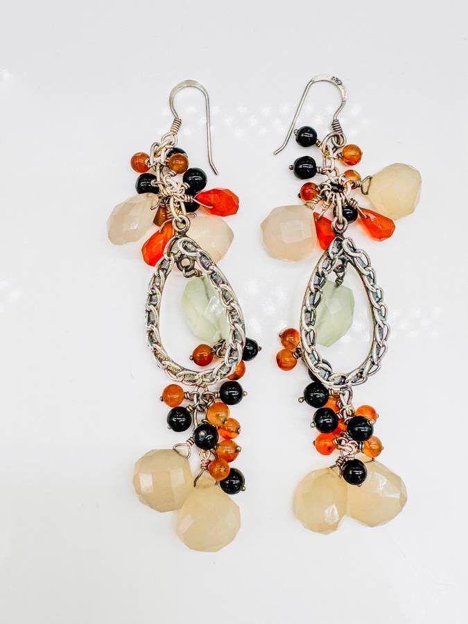 HANDCRAFTED NATURAL EARTH-MINED CARNELIAN, MOONSTONE,ONYX STERLING SILVER EARRINGS