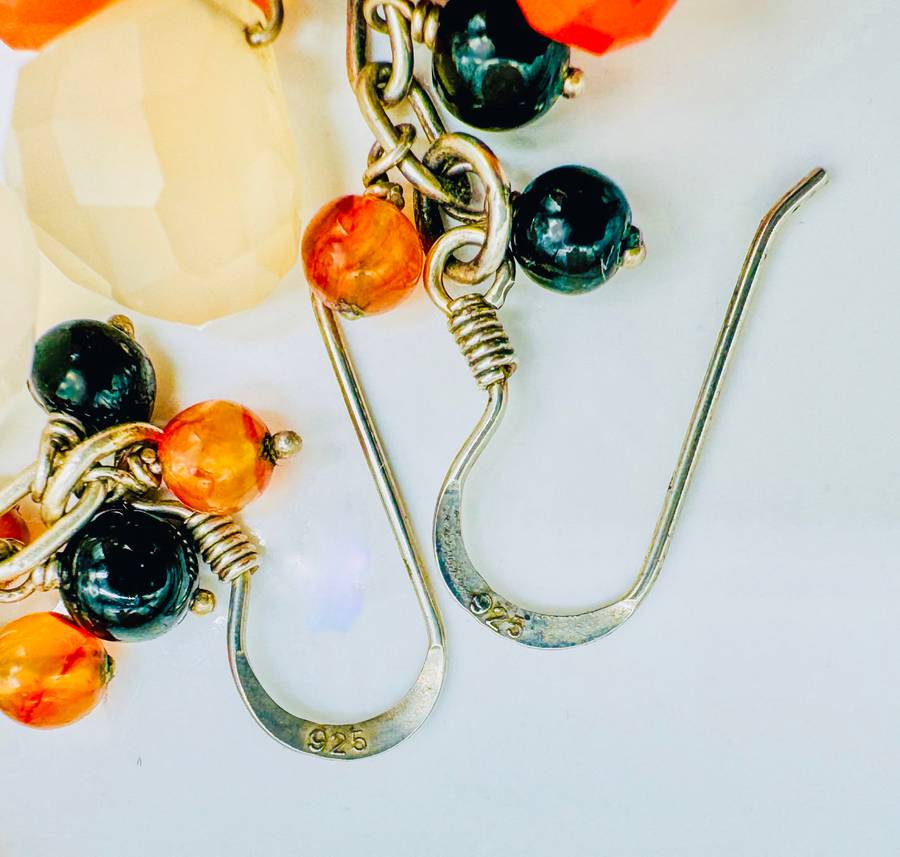 HANDCRAFTED NATURAL EARTH-MINED CARNELIAN, MOONSTONE,ONYX STERLING SILVER EARRINGS