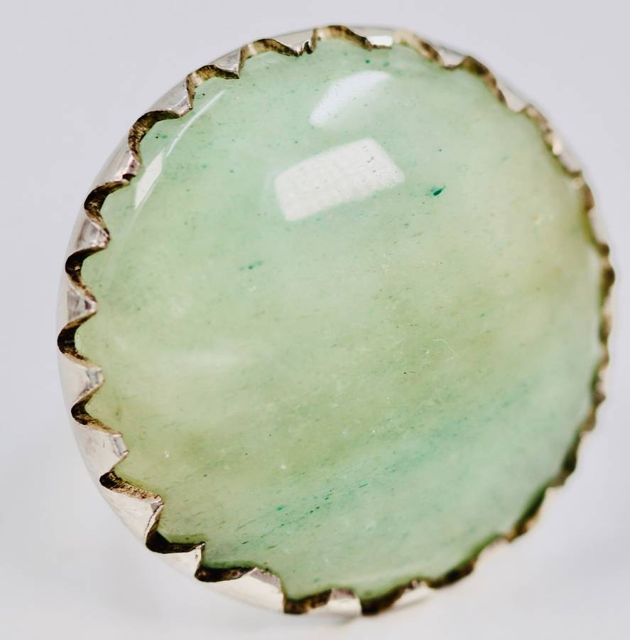 LARGE SOLID STERLING SILVER RING WITH NATURAL PREHNITE GEMSTONE