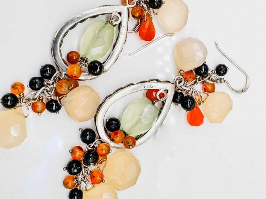 HANDCRAFTED NATURAL EARTH-MINED CARNELIAN, MOONSTONE,ONYX STERLING SILVER EARRINGS